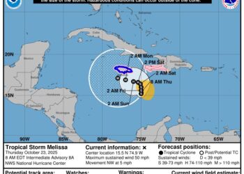 Melissa se ubica a 345 km al sureste de Jamaica