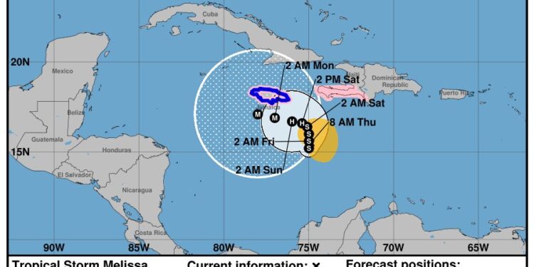 Melissa se ubica a 345 km al sureste de Jamaica