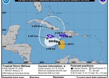 Melissa podría convertirse en huracán las próximas horas y en un huracán mayor mañana domingo