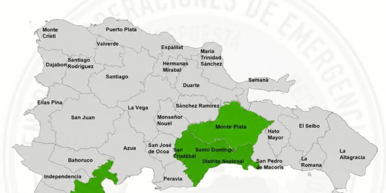 El COE aumenta cuatro provincias y el Distrito Nacional en alerta verde