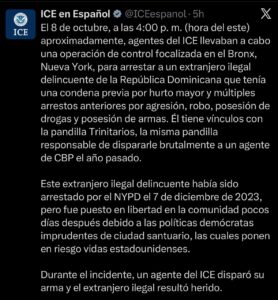 Comunicado de ICE a través de X (antiguo Twitter)