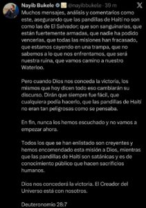 Bukele afirma que Dios le concederá la victoria frente a las pandillas de Haití/Red social X