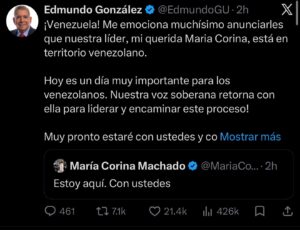 Mensaje de Edmundo González en su cuenta de X